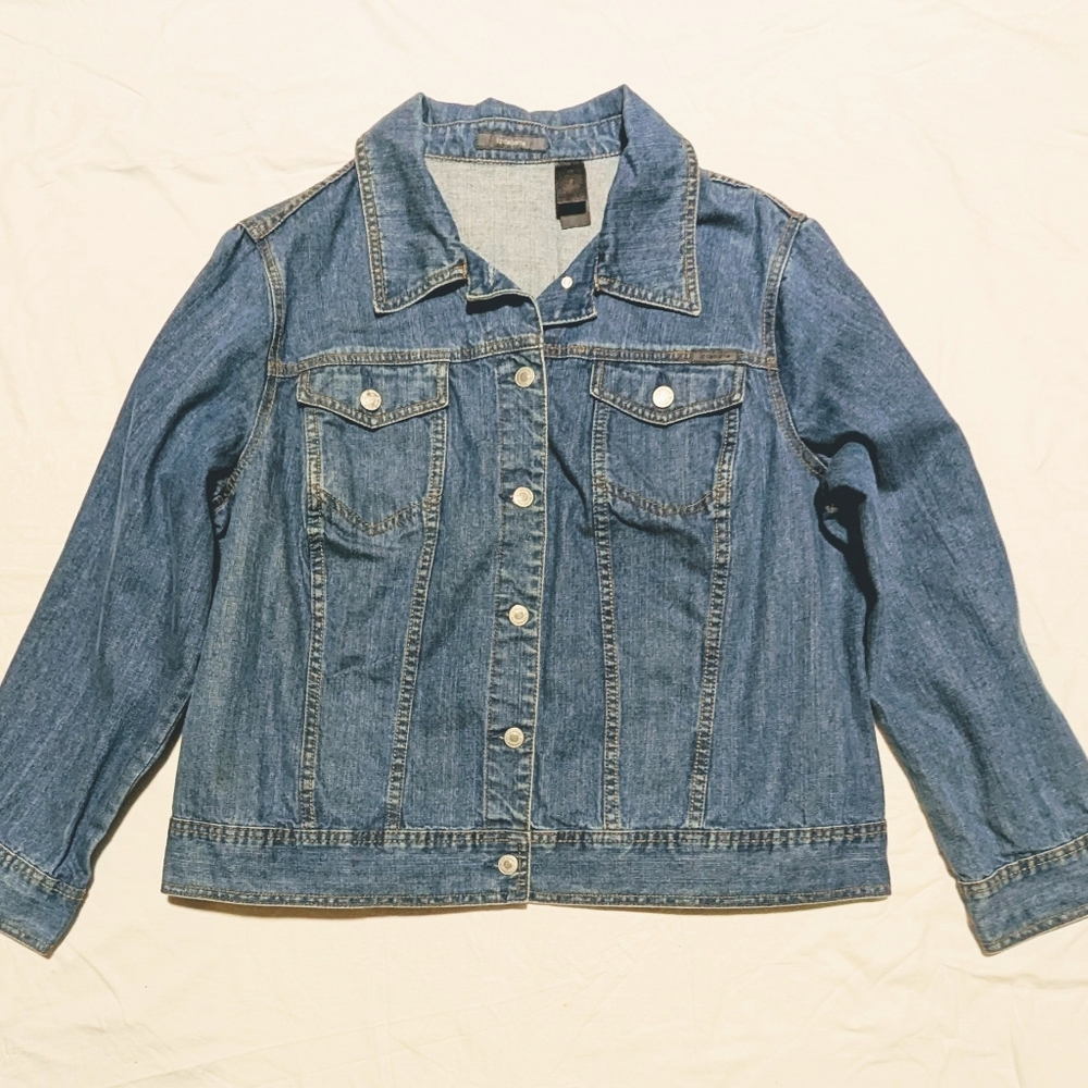 Liz Claiborne Denim Jean Jacket Blue Silver Buttons Chest Pockets 2X Plus Size